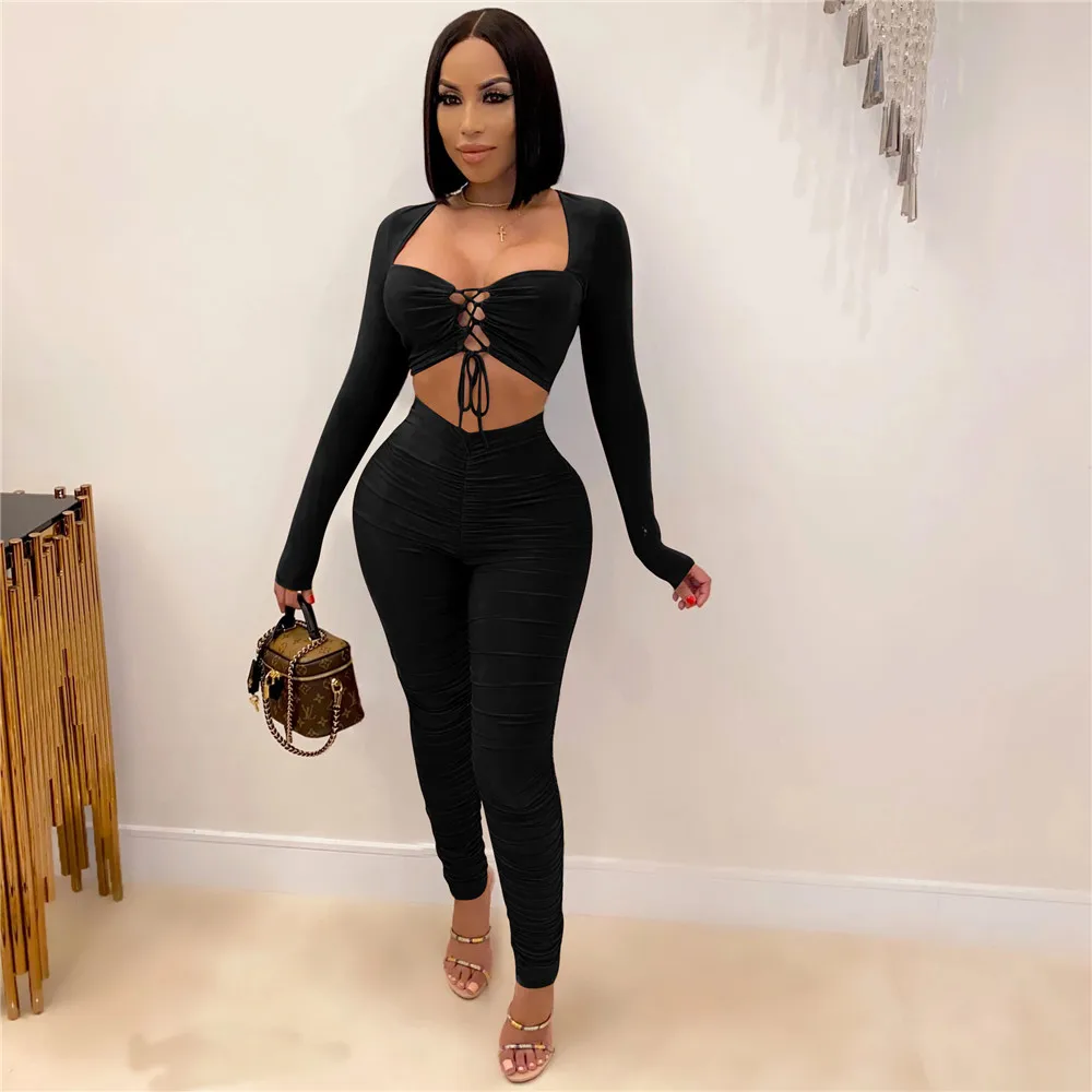 Women Crop Top and Pencil Pants Sexy Club Outfits Matching Set Ruched Bandage Bodycon Two Piece Set Birthday Party Chandal Mujer