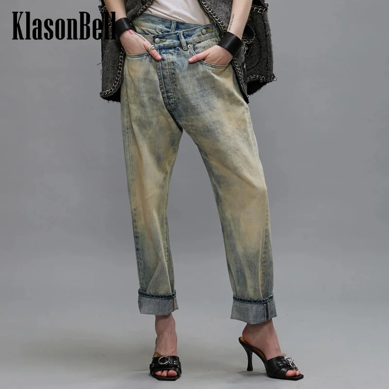 

7.22 KlasonBell Women Streetwear Digital Metal Button Irregular Waist Jeans Washed Distressed Denim Roll-up Ankle-Length Pants