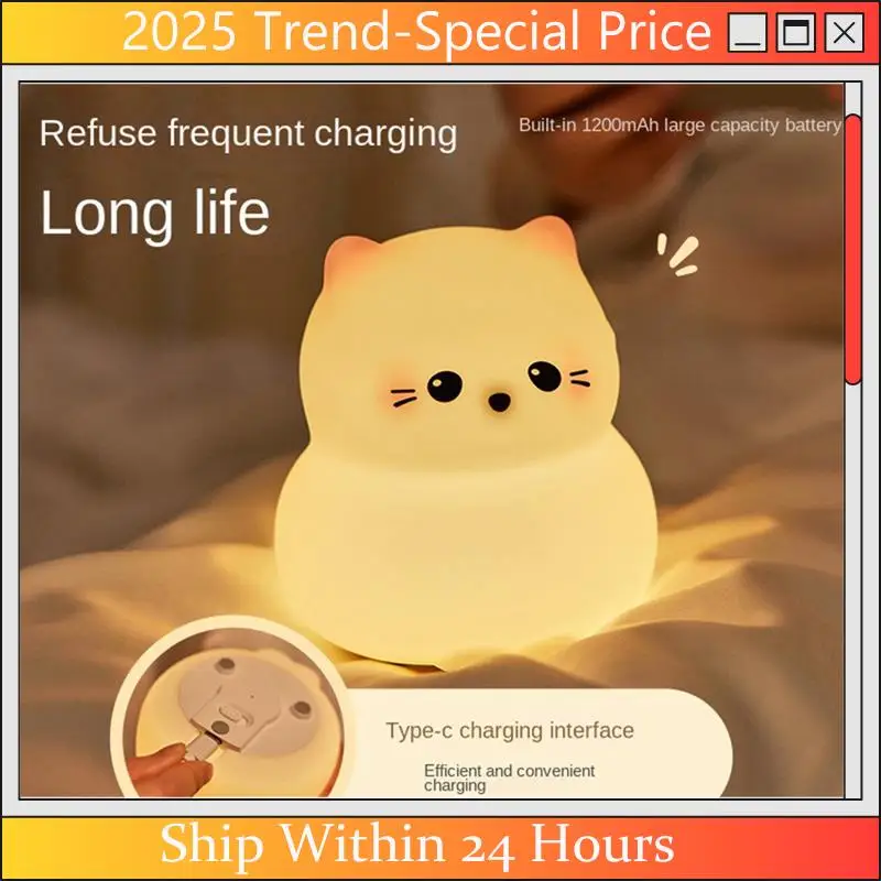Chyy topo gato silicone luz da noite bonito dos desenhos animados gato luz suave lâmpada de dormir atmosfera sensor toque lâmpada tapinhas