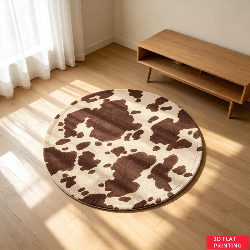 Rustic Brown And White Cowhide Faux Fur Texture Round Carpet For Western Ranch Style Home Decor With Soft Touch  Floor Mat