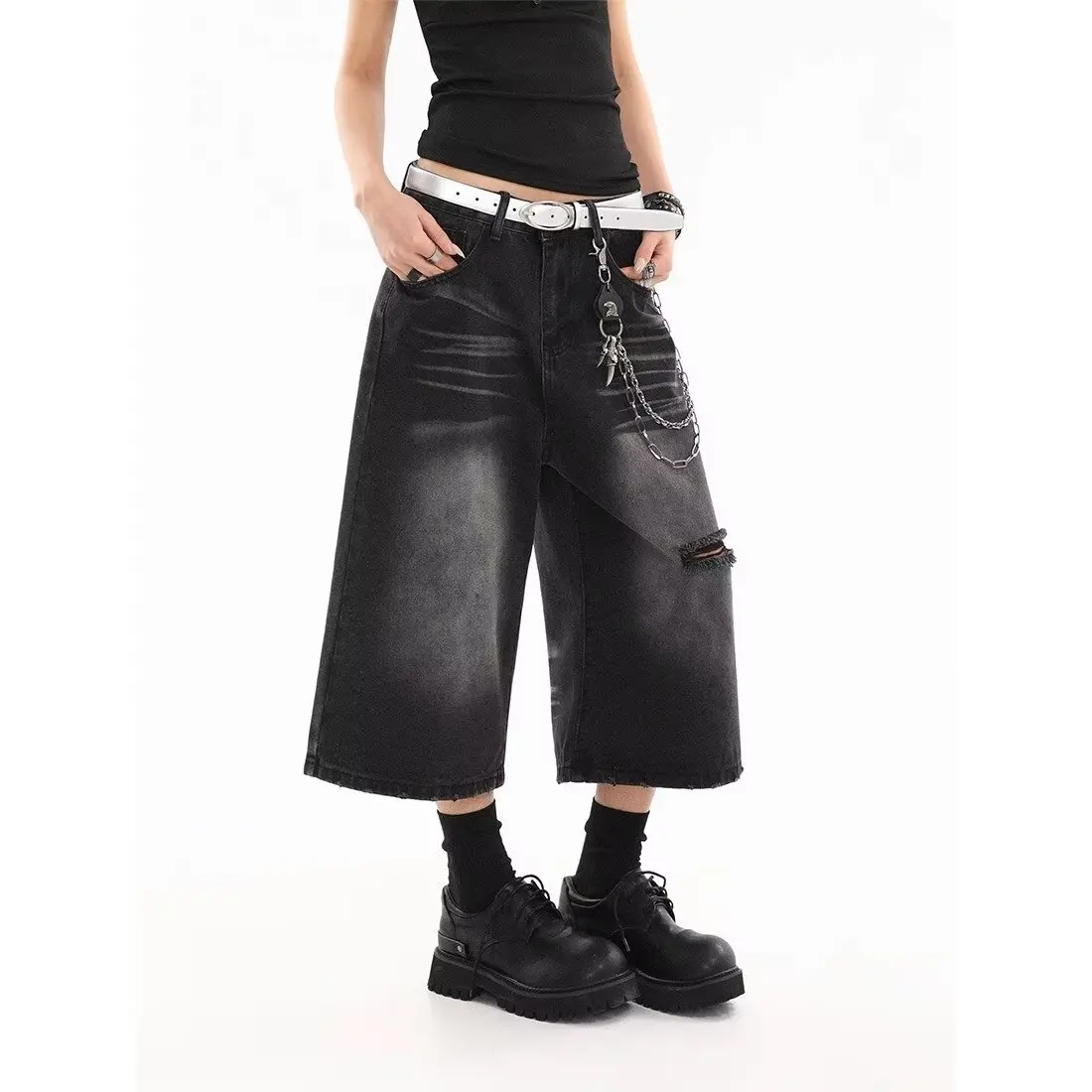 الدنيم السراويل الجينز 7 نقاط السراويل النسائية الجينز تمتد ملابس الصيف Coquette Shoujo فتاة نمط فضفاض السراويل امرأة متوهج Y2k جان