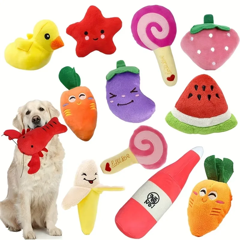 7/10 pcs set of puppy sound toys, loose plush pet chewing, plush fruit snacks and vegetable puppy toys, suitable for cute playm