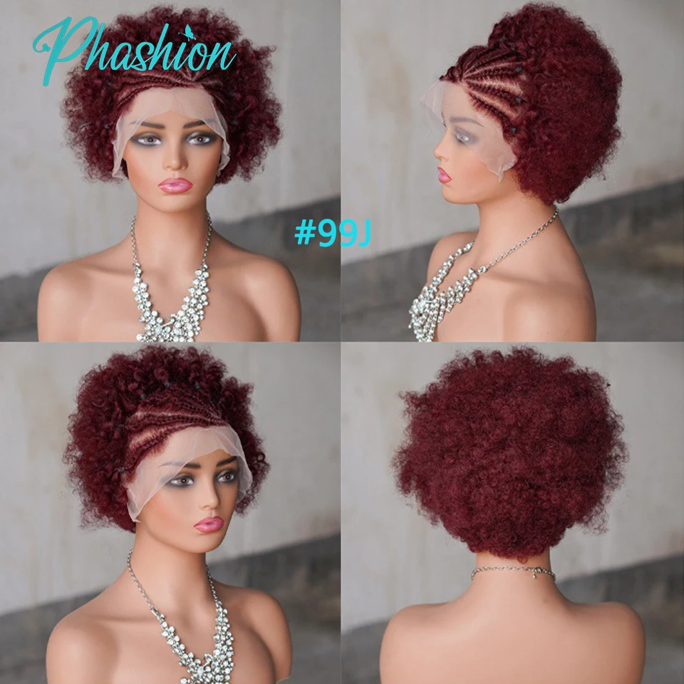 Phashion Short Cornrow Wigs 8 Inches Kinky Curly Afro Braided Wig 13x4 Lace Frontal Braiding Human Hair for Women Wear And Go