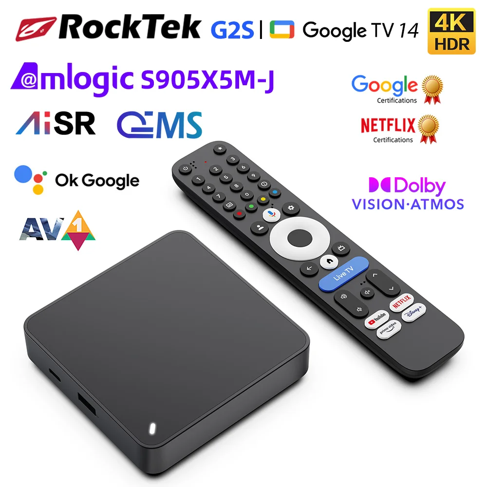 RockTek G2S G2 넥스트 구글 TV 박스, 넷플릭스 지원, 구글 인증, S905X5M-J 칩셋, 돌비 애트모스, 비전, Wi-Fi 6, 블루투스 5.2, 안드로이드 TV 박스
