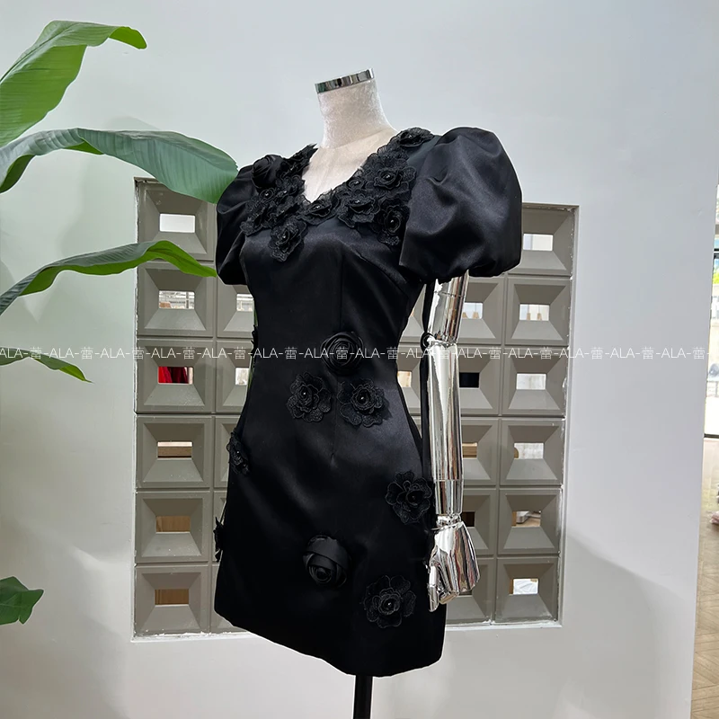 French Elegant Socialite Party Dresses V-Neck Bubble Sleeve 3D Handmade Flower High Waist A-line Temperament Short Dress Women