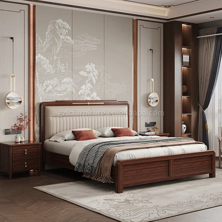 !@Modern King Queen Bed High Box Storage Soft Bag Backrest Double Ebony Bed Multi-Functional Solid Wood Bedroom
