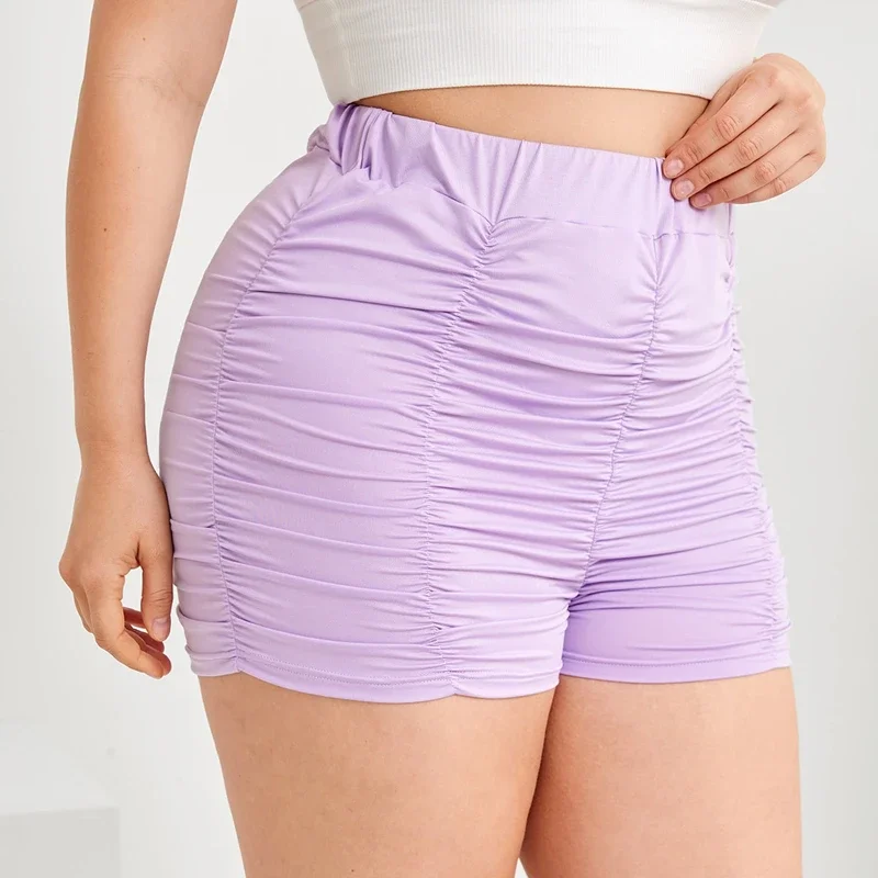 Short de motard froncé pour femme, grande taille élastique, sexy, décontracté, violet uni, taille haute, slim, 6XL