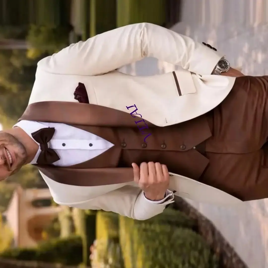 

Customized White Brown 3 Piece Men's Formal Suit for Groom Groomsman Wedding Party Prom Business Tuxedo Set with Blazer Vest Pan