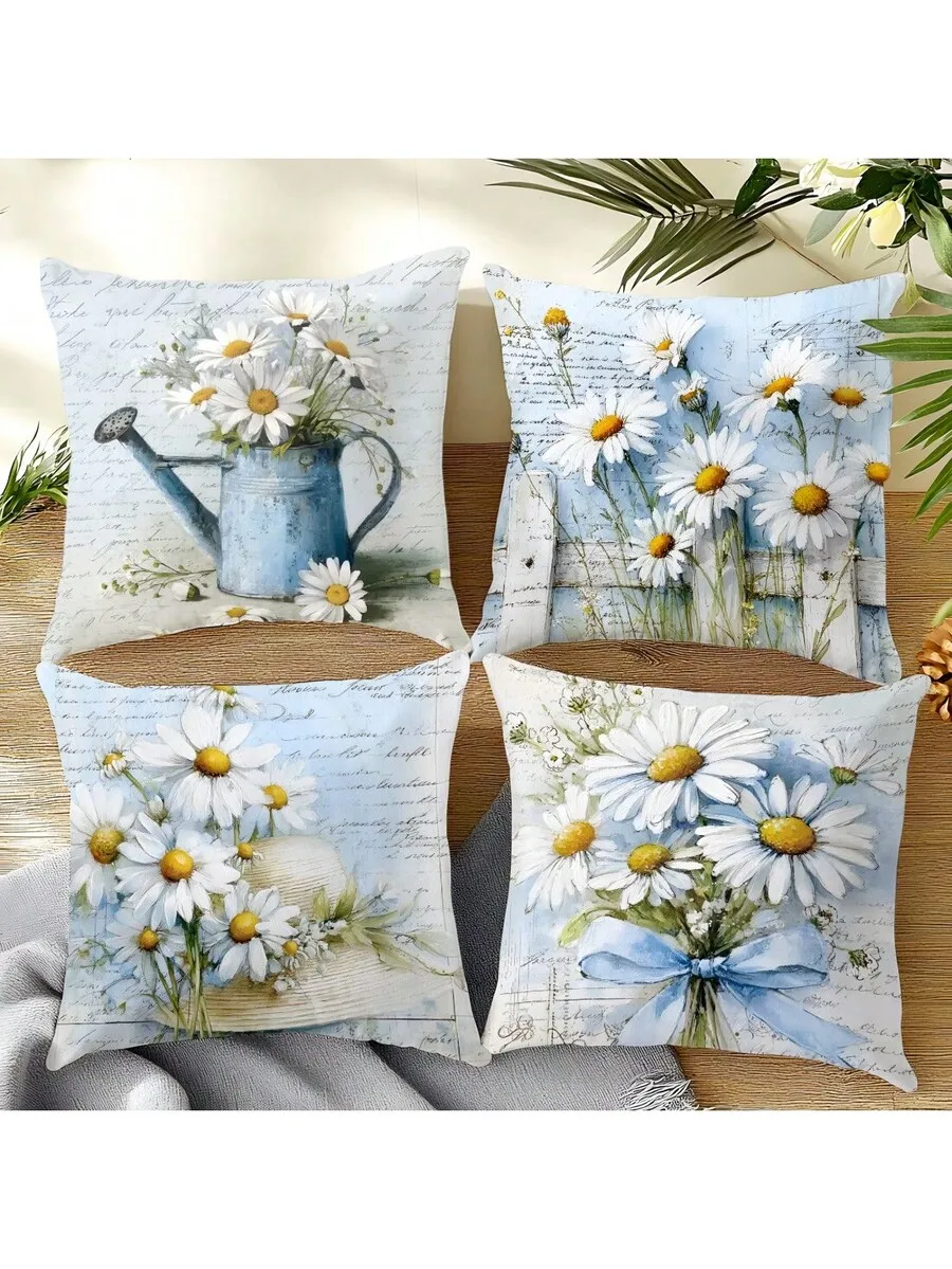 4pcs Simple Daily Blue Daisy Throw Pillow Cover Set, Single-Sided Printed Peach Velvet Material, 45*45/50*50/40*40CM Cushion