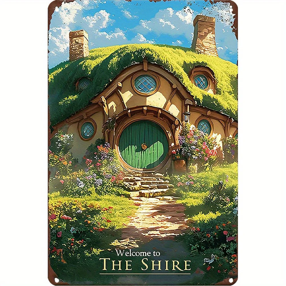 [2D Flat] Letrero de metal Hobbit vintage - La scène de The Shire, Mural artístico en estilo anime à l'eau, 20,32x30,48 cm, Cadeau único