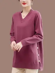 女性用長袖ニットセーター,Vネック,無地,ニットセーター,スプリット,ラージサイズ,6XL, 150kg,冬