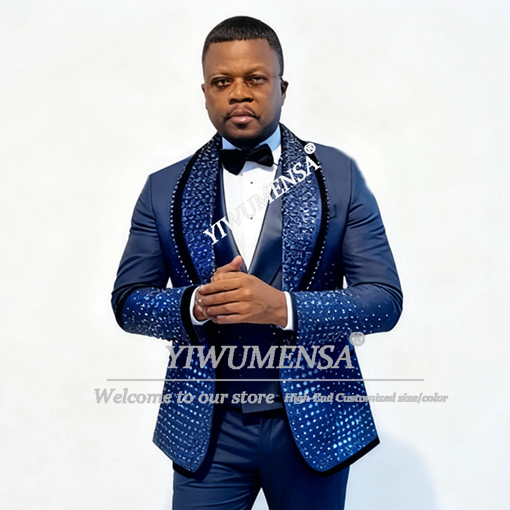

Exclusive Design Beaded Crystals Wedding Suits For Men Sparkly Sequins Lapel Blazers Customized 3 Pieces Sets Men's Suit Attire