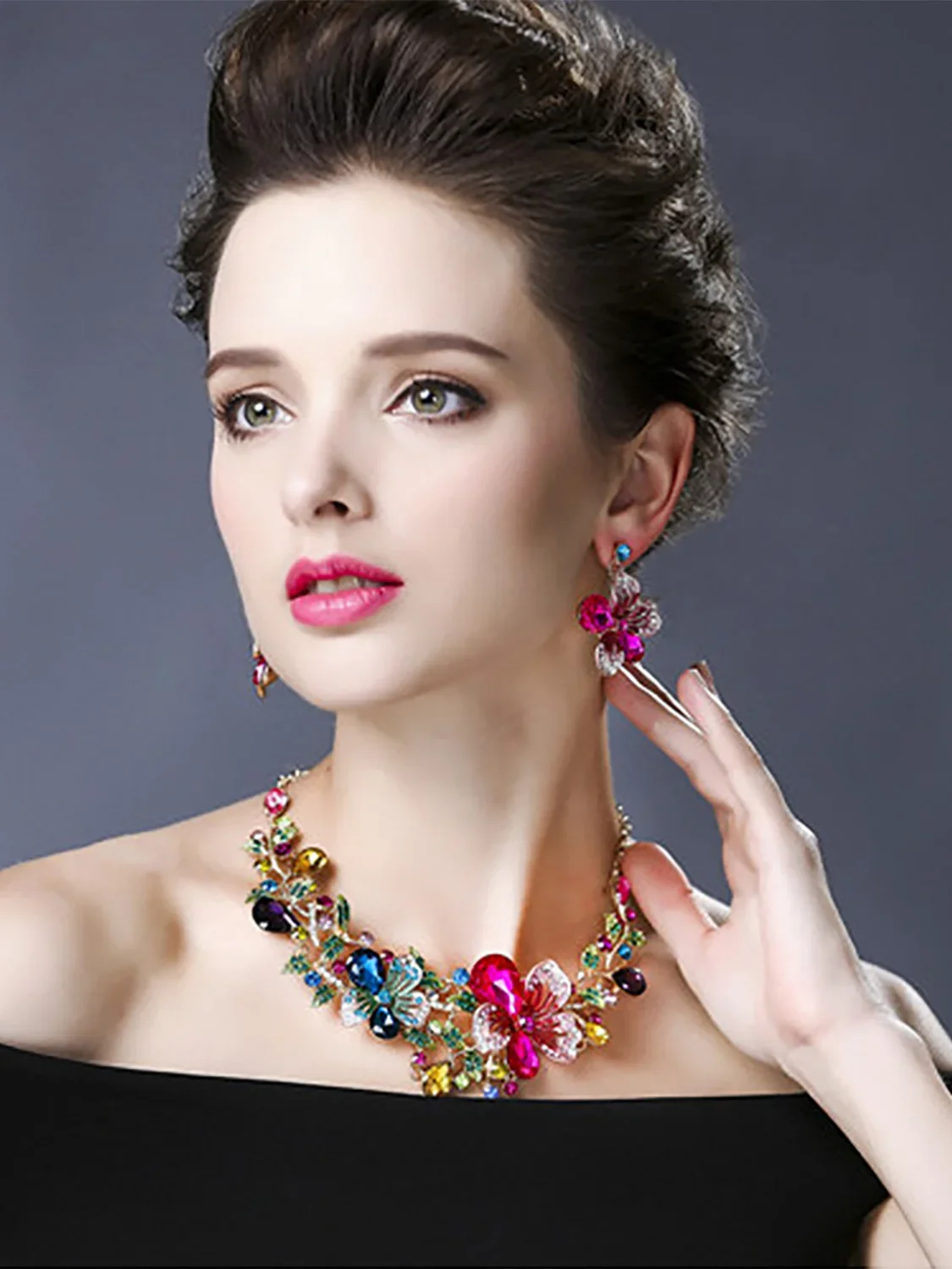 Fashion Bauhinia Flowers Crystal Jewelry Set Multicolor Earrings with Matching Necklace Wedding Necklace Women Jewelry