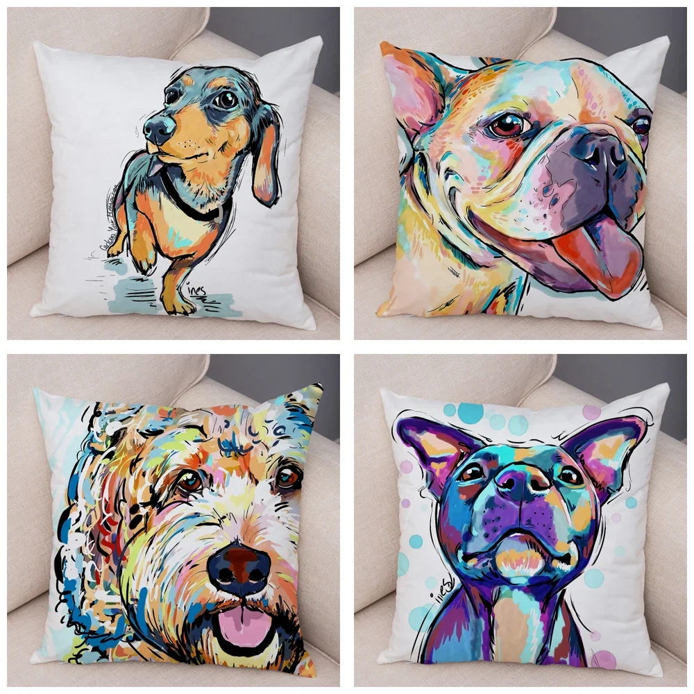 50 Style Cute Watercolor Pet Dog Pillow Case Decor Cartoon Animal Pillowcase Soft Plush Cushion Cover for Car Sofa Home 45x45cm