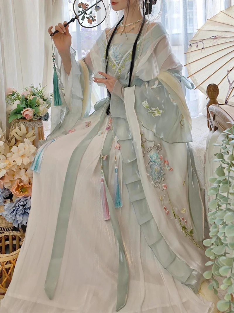 Hanfu Frauen chinesische traditionelle Stickerei Bühne Tanz kleid weibliche Fee Cosplay Kostüm Sommer Hanfu grün weiß Kleid Geschenk