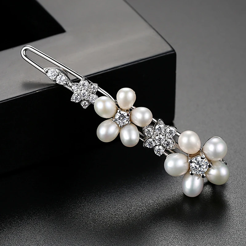 LUOTEEMI Freshwater Pearl CZ Hair Pins and Clips Cubic Zirconia Flower Bridal Hair Jewelry for Wedding Luxury Accessories Gifts