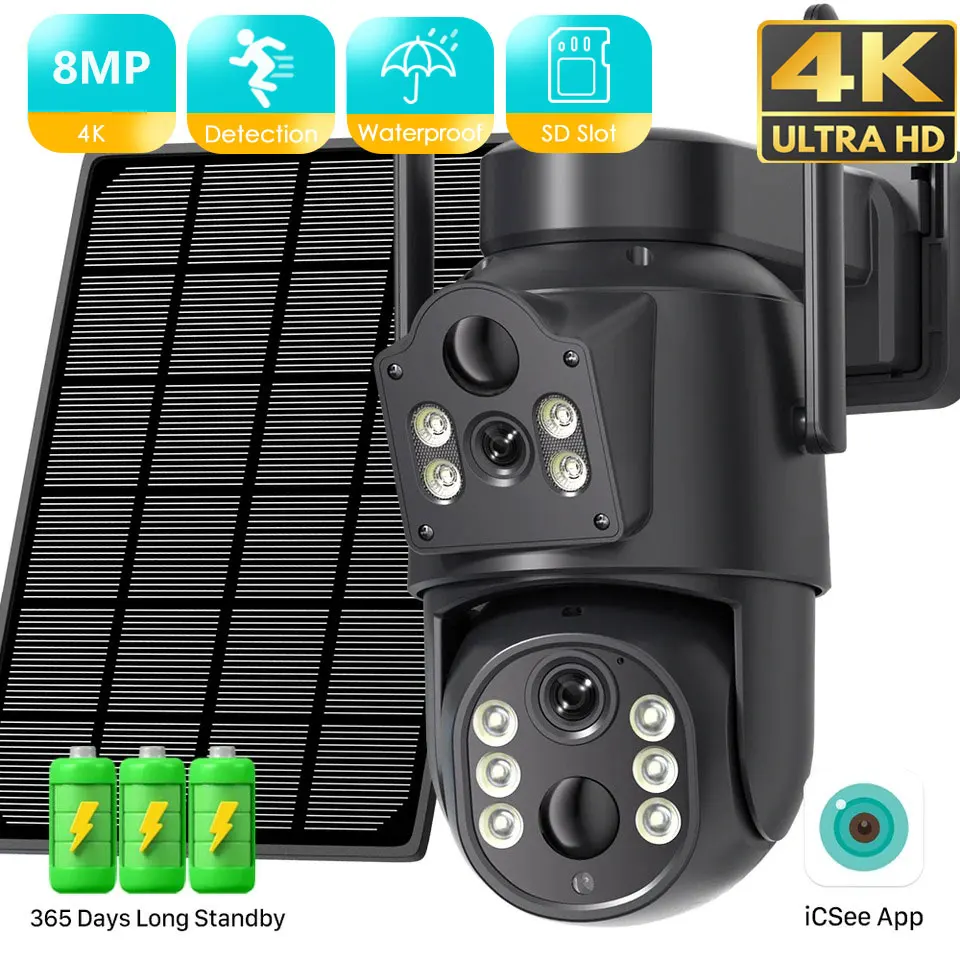 4K HD Solar WiFi Camera Outdoor Built-in Battery Dual Lens 2K Security Camera Solar Panel Wireless Video Surveillance CCTV iCSee