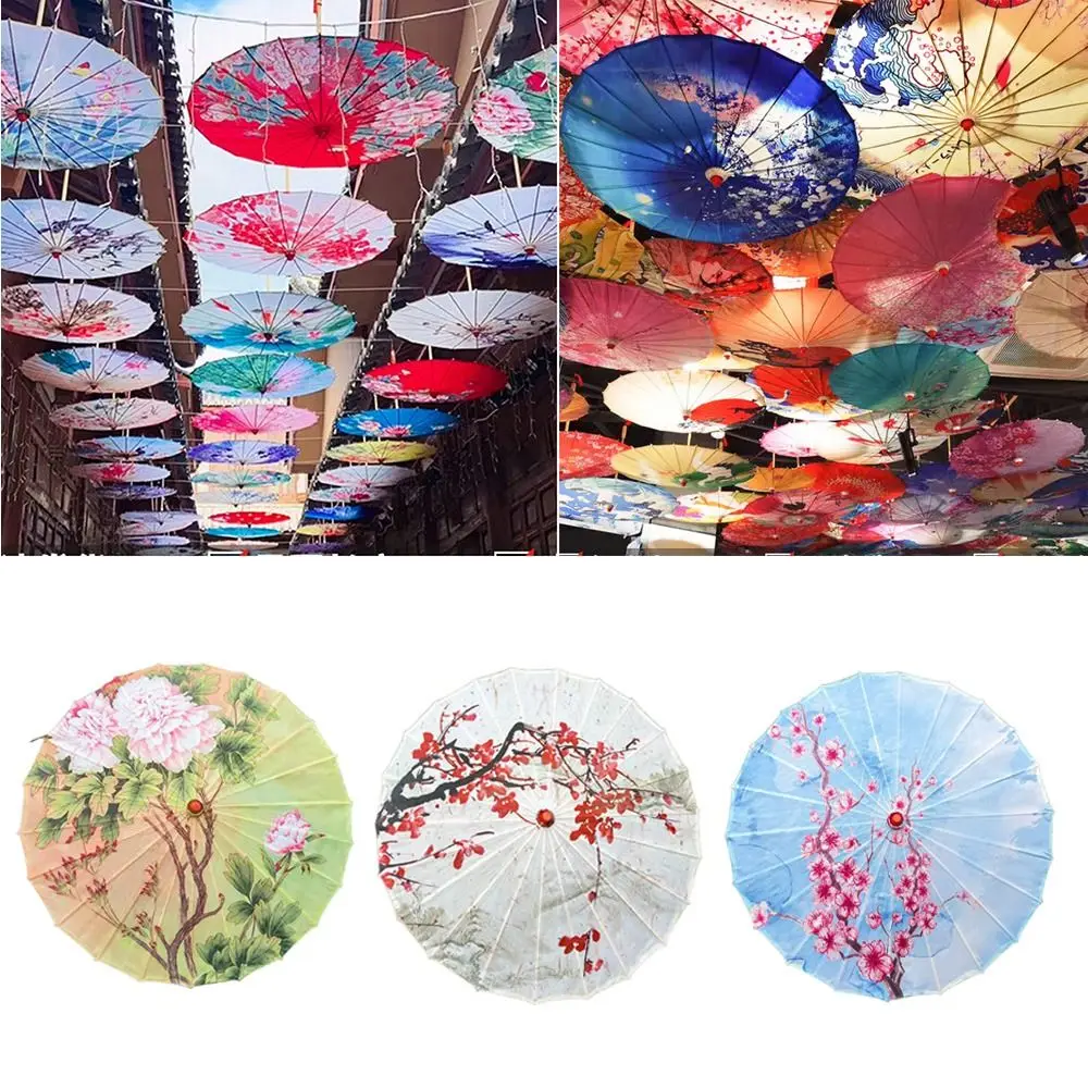 Vintage Oiled Paper Umbrella Sturdy Handmade Decorative Hanging Stick Umbrella Wood Long-handle Dance Umbrella Girl