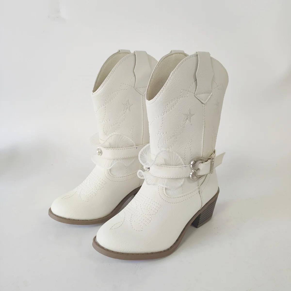 Embroidered Star Buckle Lace Trim Pearls High Boots Round Toe Thick Heel Height Increase Comfortable Mid Calf Boots Girls Boots