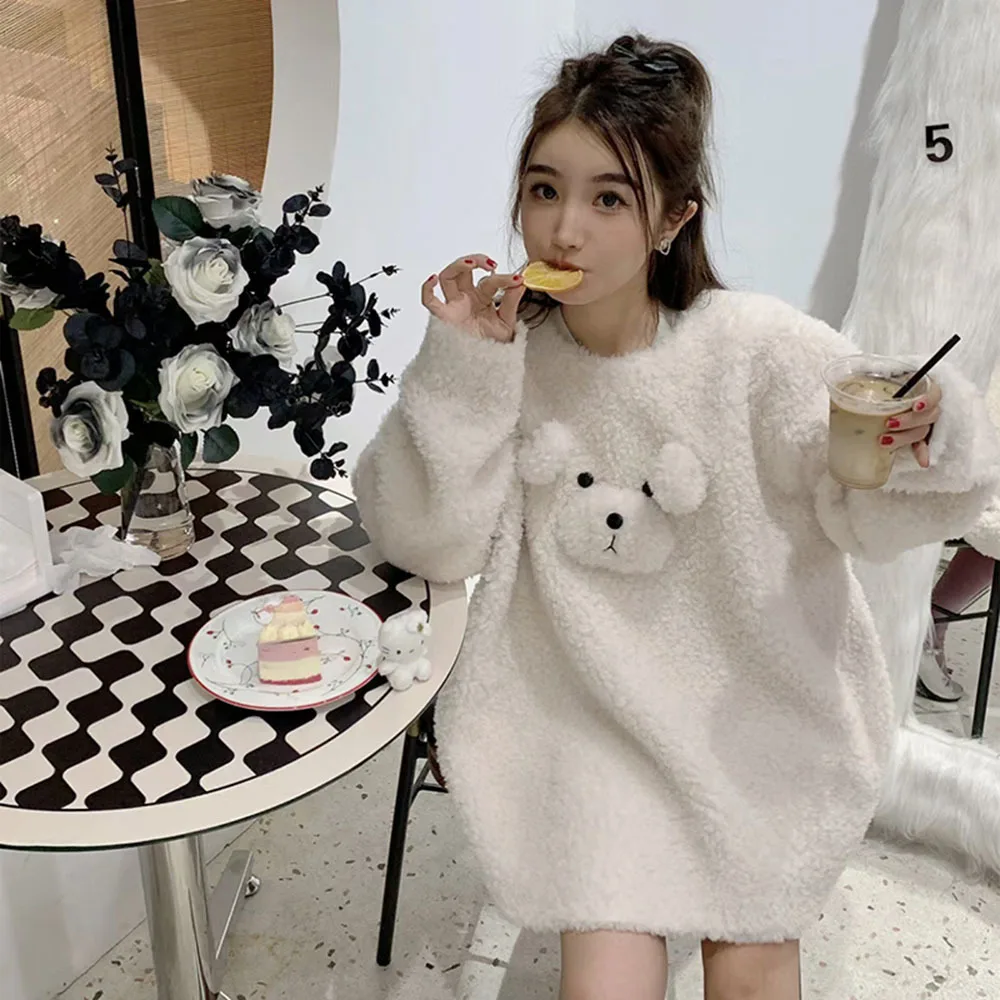 Cute Little Bear Lamb Wool Sweatshirts For Women Kawaii Pullover Sweetheart Women Autumn Winter Loose O-Neck Tops Female + Bag