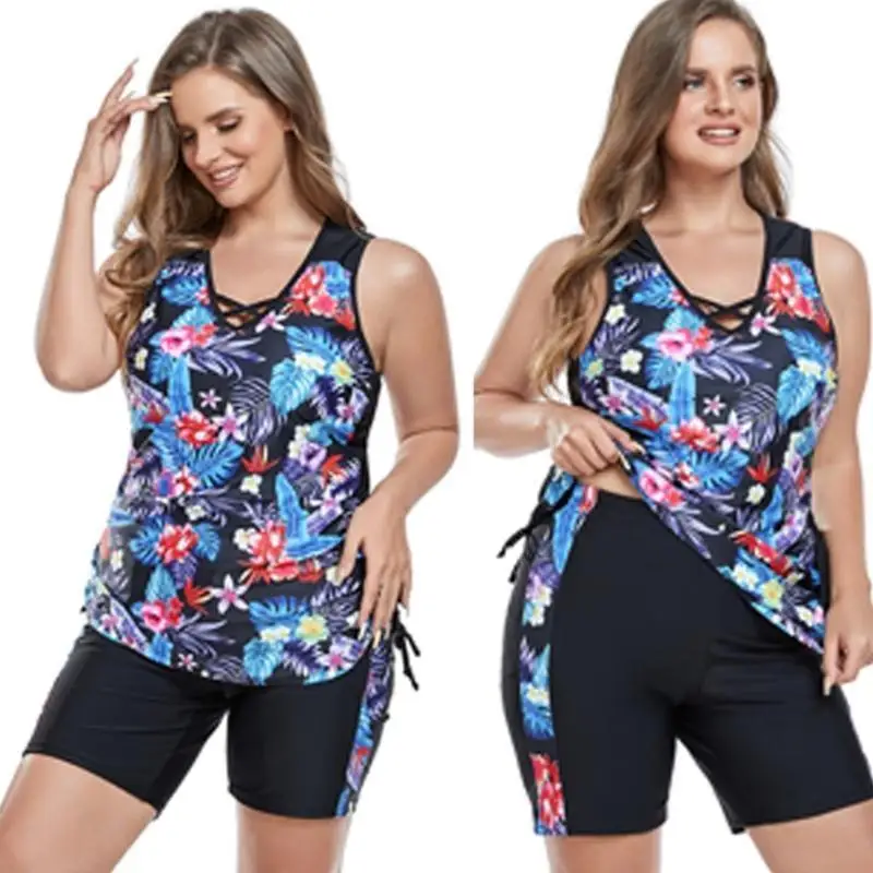 652F Women Floral Print Tankini Two Pieces Bathing Suits Ruched Swimsuit with High Waist Shorts Tummy Control Swimwear