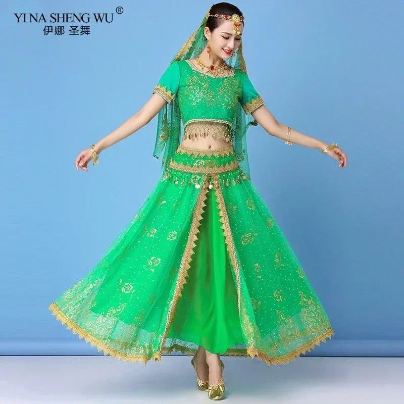 Nuevo Conjunto de Falda y Cinturón de Danza del Vientre de Chifón para Espectáculos, Disfraz de Danza del Vientre Hindú Bollywood para Mujer, Sari de Danza Bollywood