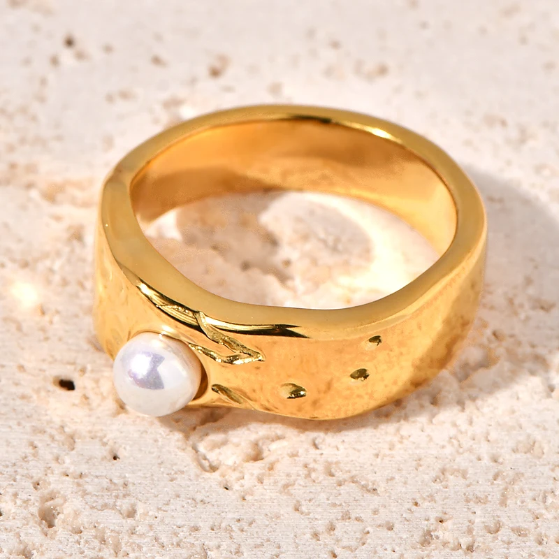 European and American Influencer Picks Ins Style 18K Gold-Plated Stainless Steel Lava Pearl Ring Fashionable Titanium Steel Ring