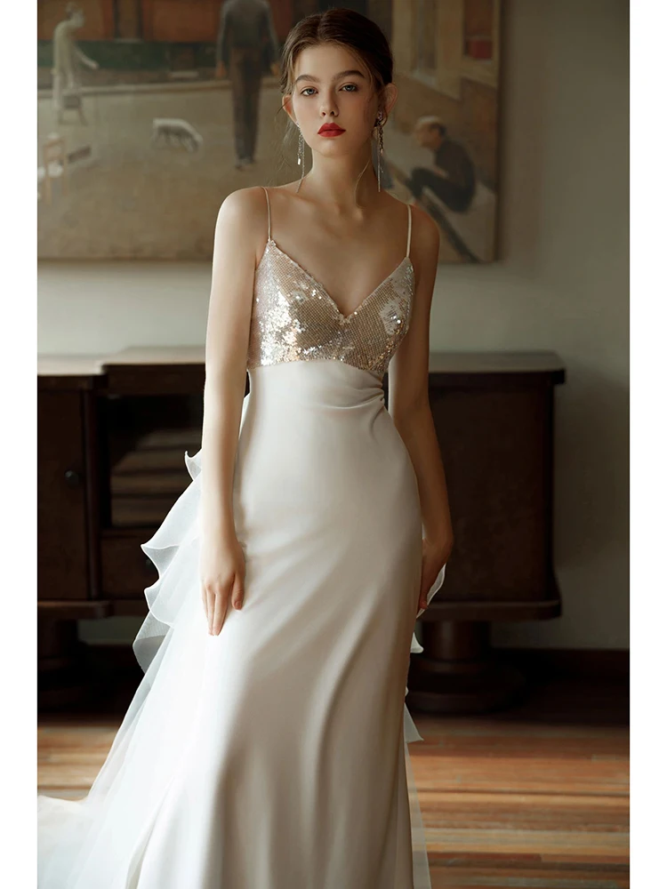 Sequined ง่ายซาตินหมั้นชุดอย่างเป็นทางการเซ็กซี่ V คอ Mermaid ชุดราตรีคลาสสิก Vestidos De Noche
