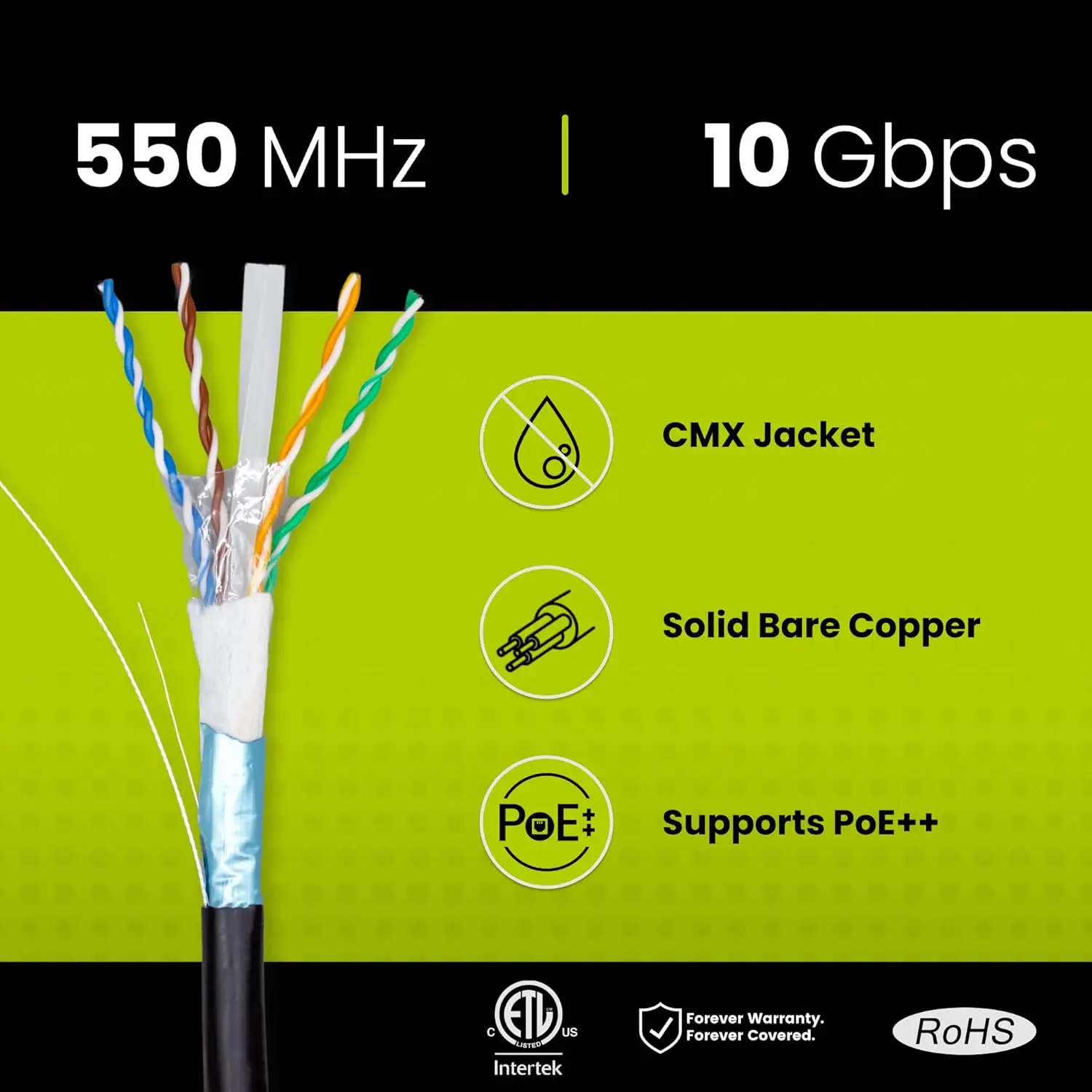 Cat6 Direct Burial, Shielded F/UTP, 1000ft, Waterproof, Outdoor Rated CMX, Black, 23AWG Solid Bare Copper, 550MHz, PoE