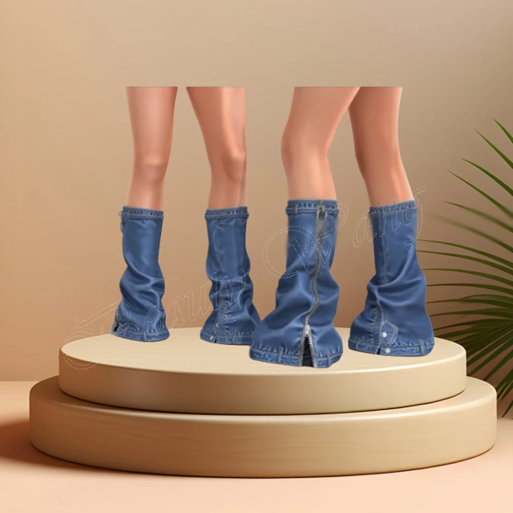 

Blue Denim Zipper Decor Boots Pleated Solid Platform Shoes High Heel Shoes for Women Runway High Heels 2023 Zapatillas Mujer