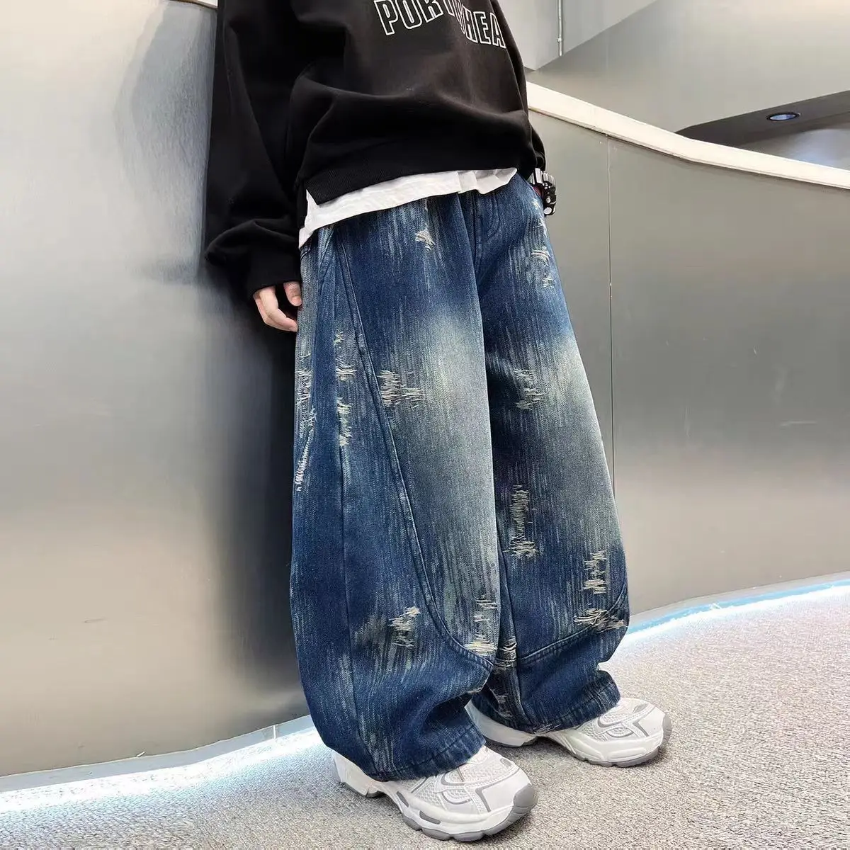 2026 New Boys Ripped Curved Jeans Spring Autumn Teen Wide Leg Streetwear Casual Denim Pants Fashion Long Trousers