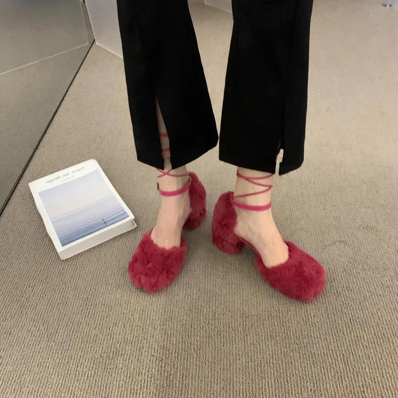 2023 New Summer Cross Strap Women Sandal Fashion Fur Lace Up Women\'s Pumps Party Office Thick Heel Lady Sandalias