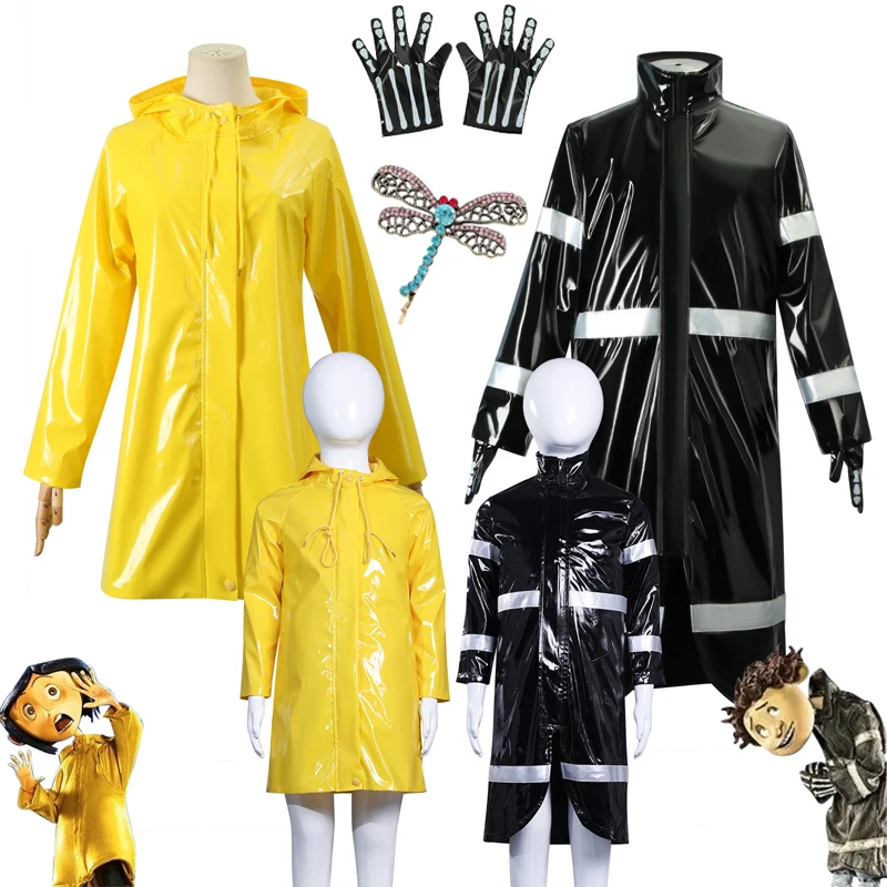 

Horror Anime Cartoon Movie Coraline Cosplay Costume Set Wybie/Coraline Black Yellow RainCoat Halloween Party Scary Roleplay Suit