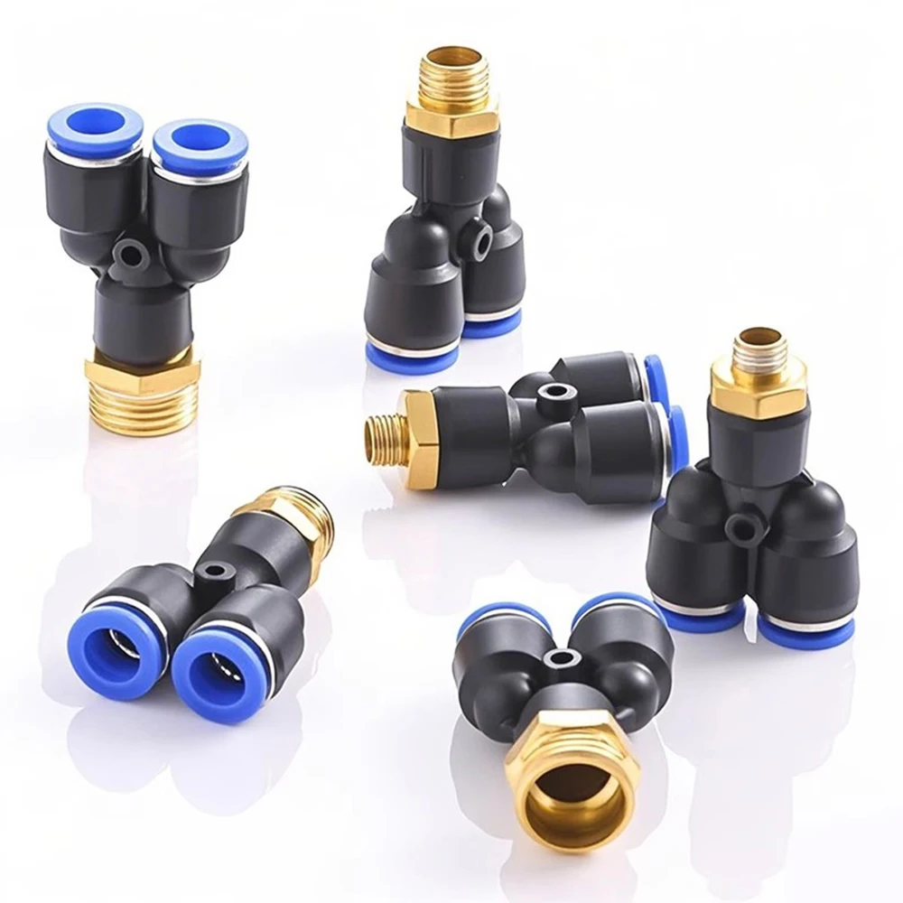 PX Blue Pneumatic Quick Connector 1/4 1/2 1/8 3/8 BSPT External Thread Brass Y-shaped Tee Connector PU Hose Air Pipe 6 8 10 12mm