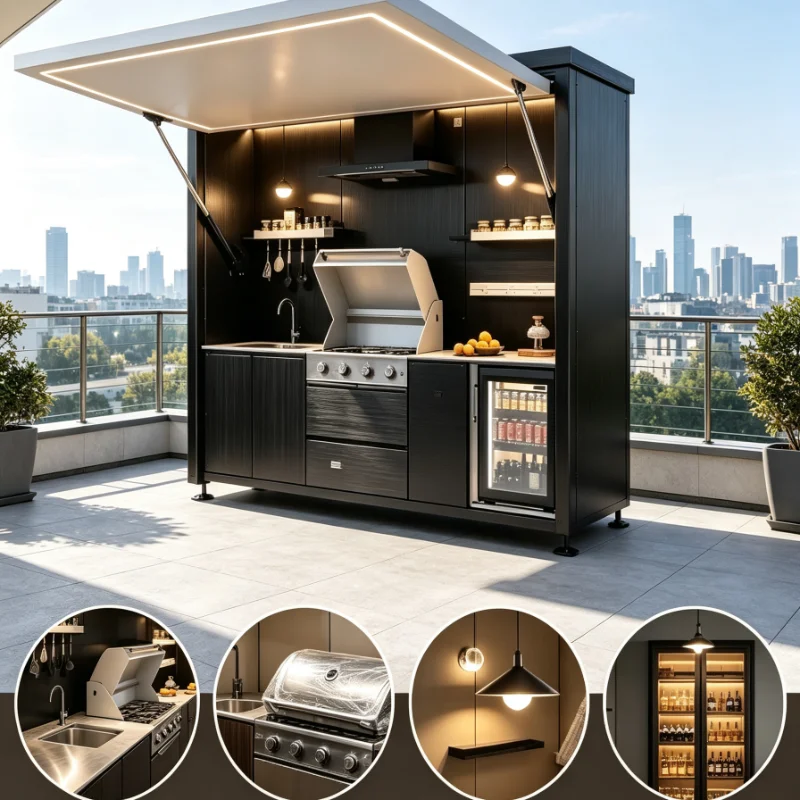 Outdoor Kitchen Stainless Steel Modular Cooking Station With Storage Cabinet Lockable Wheels For Backyard Garden Barbecue Party