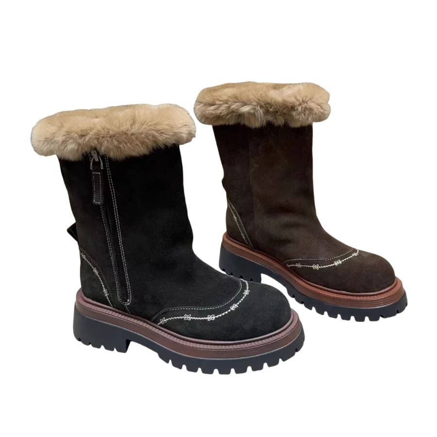 BI1001 Women Winter Snow Boots Suede Fur Cuff Mid Calf Boots Side Zipper Chunky Platform Shoes Ladies Round Toe Thick Sole