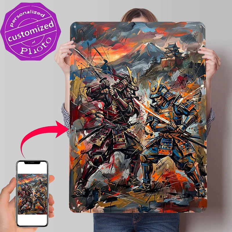 Samurai-Kampf-Gemälde als Poster, Individuelle Wandkunst, Retro-Vintage Metallschilder für Garagendekoration, Raumgestaltung und Heimdekoration