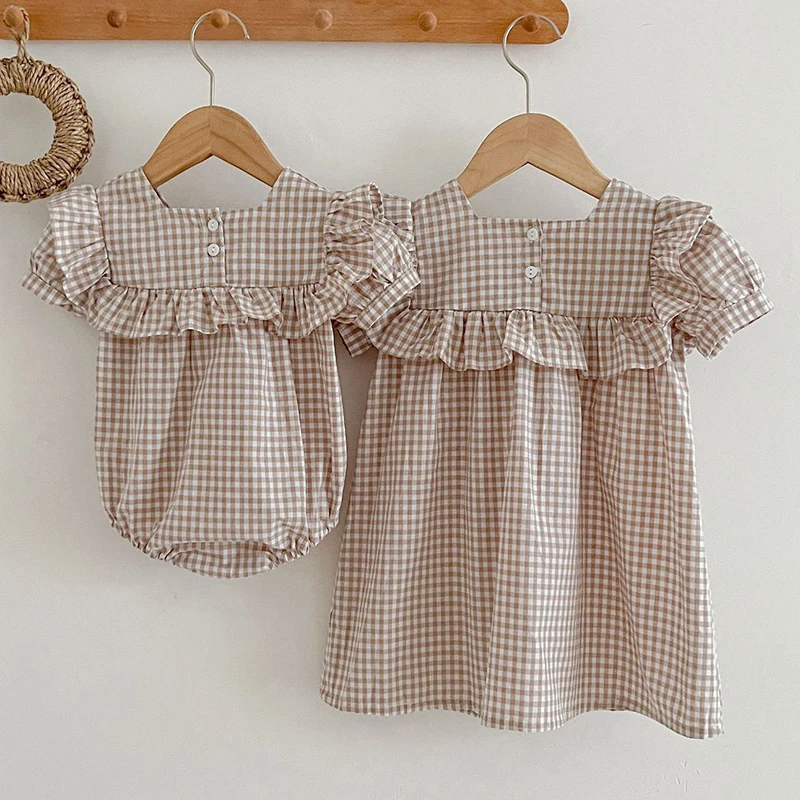 Summer Sweet Newborn Baby Girls Grid Jumpsuit Toddler Baby Girls Short Sleeves Kids Princess Dress Girls Sister Clothes