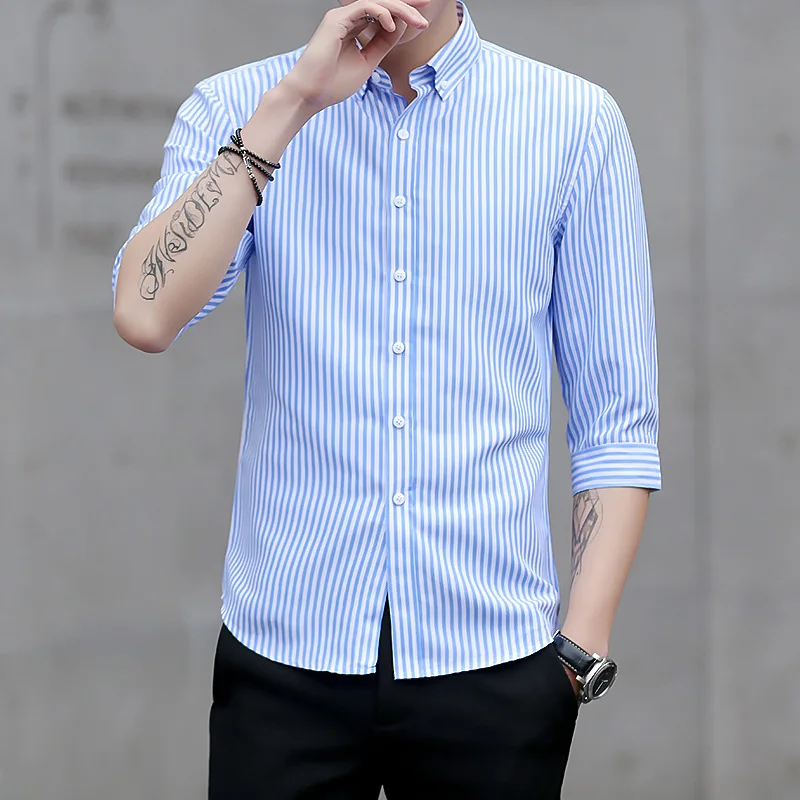 Summer Striped Shirt Men's Korean-Style Slim Fit Business Casual Youth Shirt New Men's Three-Quarter Sleeve Shirt