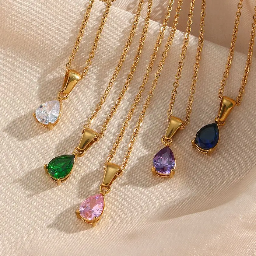 E.B.belle Summer Colorful Crystal Necklace Stainless Steel Gold Plated Waterproof Waterdrop Pendant Necklace For Wedding