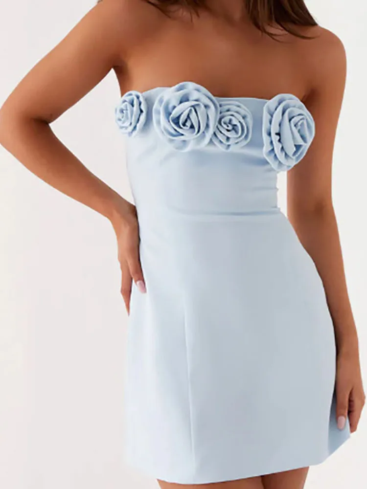 Elegancka sukienka mini bez ramiączek, bez rękawów, dopasowana, damska, modna, z kwiatowym wzorem, trójwymiarowa, gładka, na imprezę, seksowna sukienka z odkrytymi plecami, kopertowa, podkreślająca biodra.