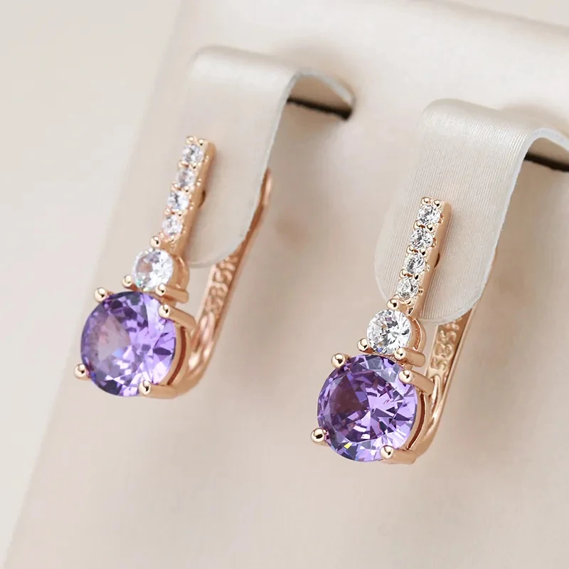 Wbmqda Fashion Round Purple Natural Zircon Drop Earrings For Women 585 Rose Gold Color Fine English Lock Jewelry Accessories