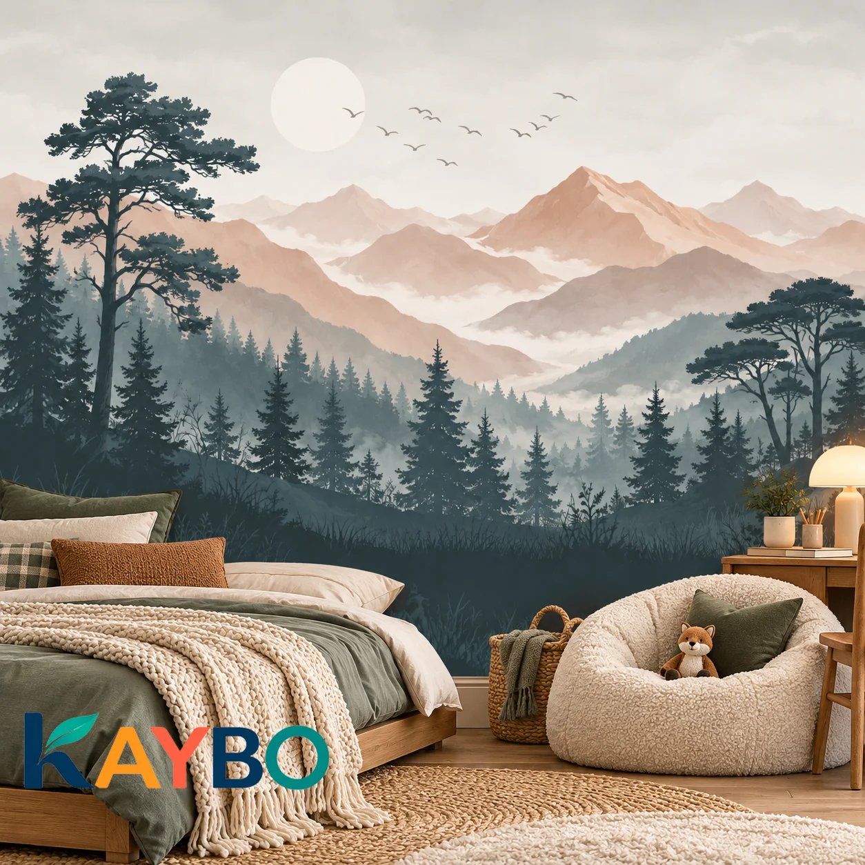 Pastel Mountain Wallpaper Mural, Misty Forest Landscape Wall Decor, Pine Trees, Scenic Nature Art for Bedroom, Non Self Adhesive