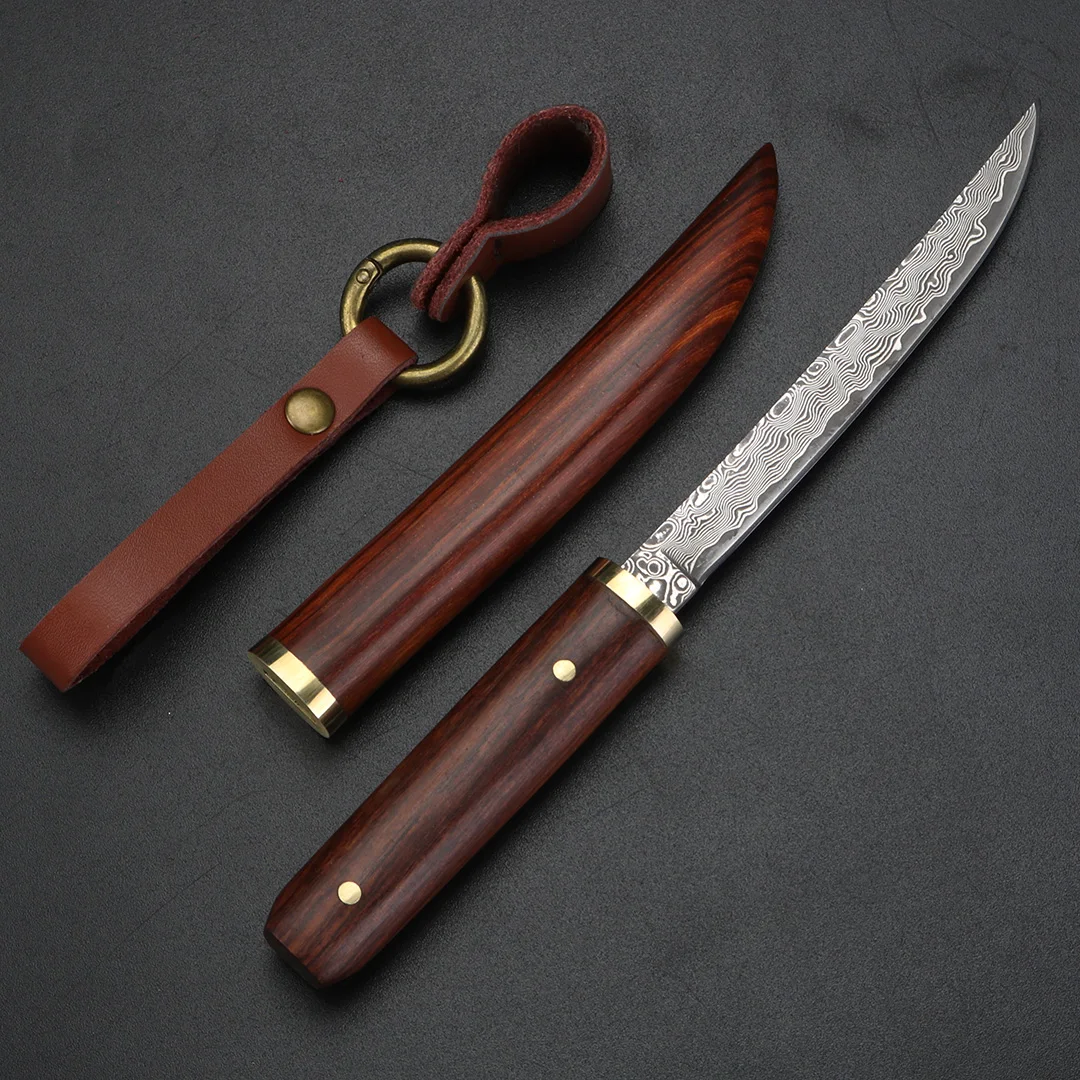 Coltello da frutta per esterni a lama fissa in acciaio di Damasco coltello da autodifesa per sopravvivenza nella natura selvaggia coltello da caccia da campeggio fodero in legno massello