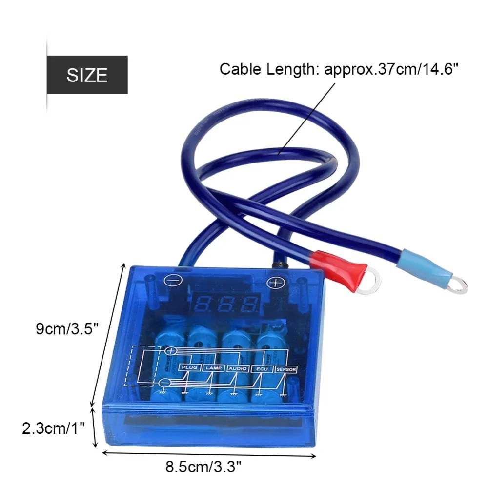 12V Car Fuel Saver Voltage Stabilizer Regulator Kit With 3 Earth Ground Wires Universal Auto Voltage Stabilizer Digital Display