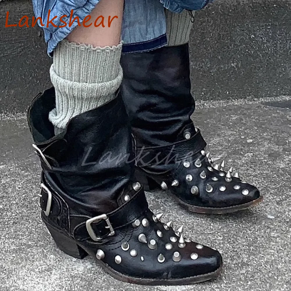 

Rivet Round Toe Women Boots Belt Buckle Fashion Solid Mid Calf Niche Design Slip On Punk Summer Patent Leather Women Shoes