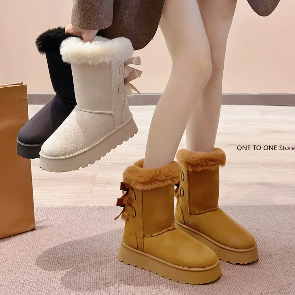 Women Snow Boots Flock Fluffy Suede Cute Butterfly Round Toe Warm Boots Autumn Winter Thick Sole Platform Cotton Shoes Zapatilla