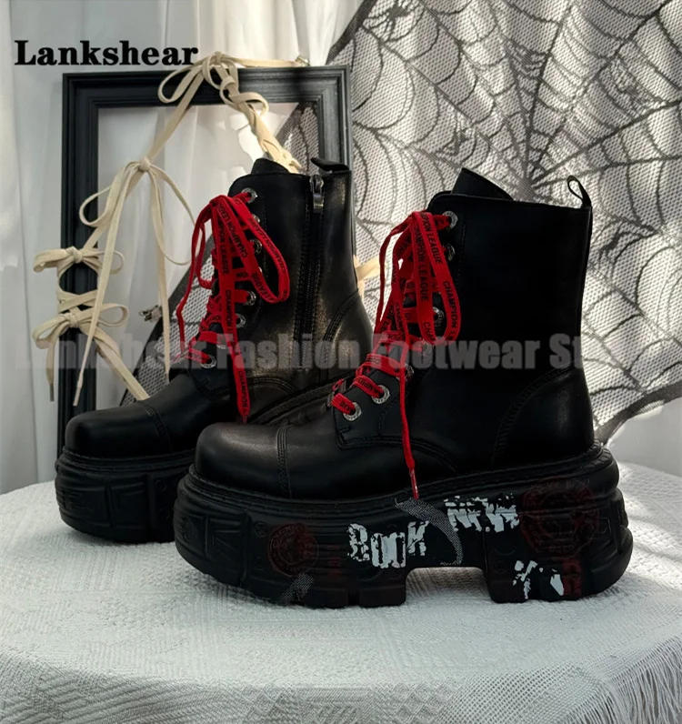Tank Platform Round Toe Punk Boots High Heels Lace-Up Boots Designer Style Booties Women's High Increase Shoes Botas Mujer