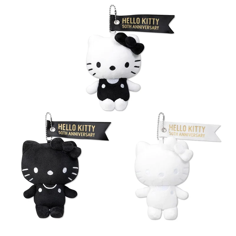 Sanrio Anime Plush Pendant for Kids, preto e branco, Hello Kitty, 50th Anniversary, Cute Toy, Backpack Accessories, Friends, 15cm