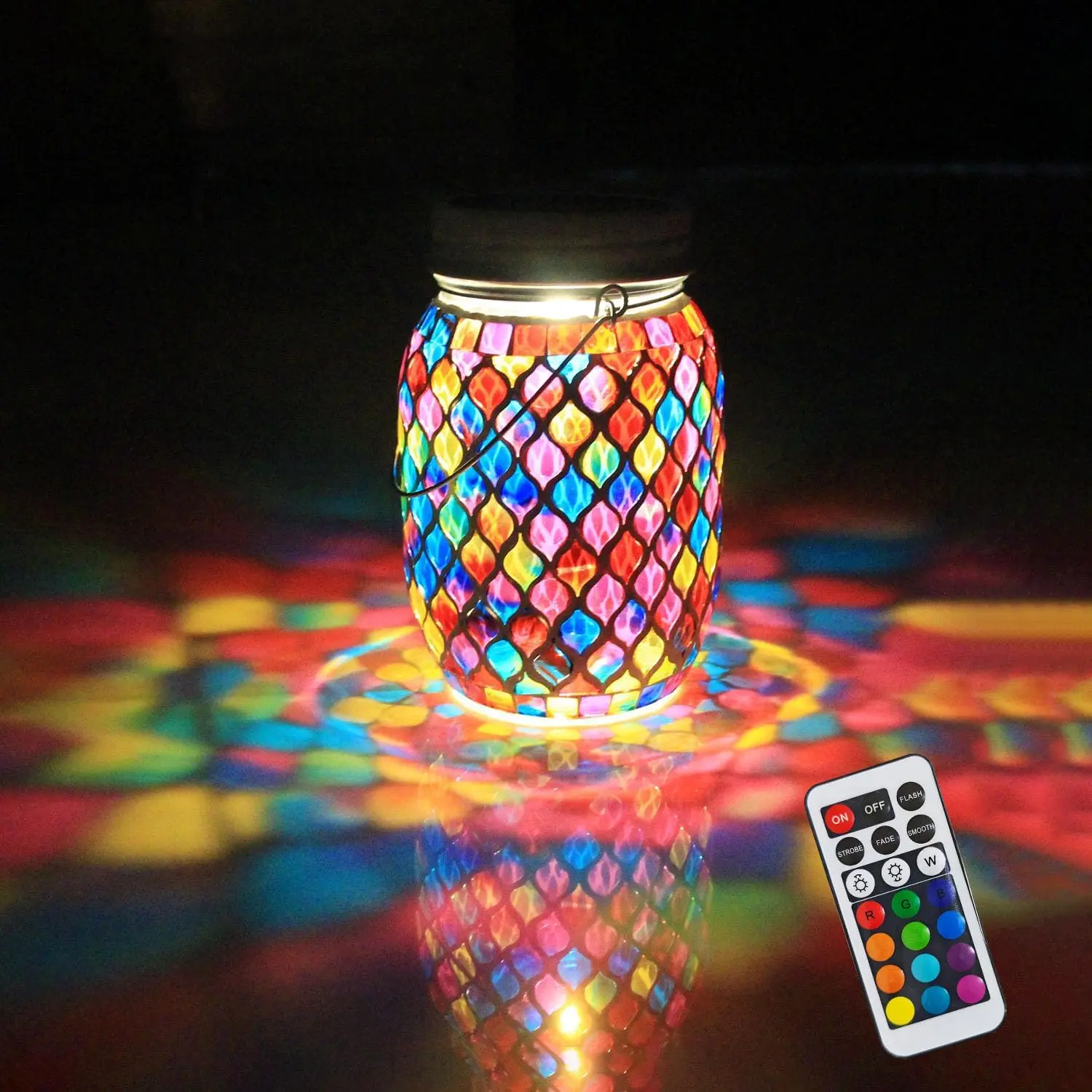 

Solar Mosaic Outdoor Lanterns - 12 Color Changing LED, 4 Modes, Remote Control, Handcrafted Glass Lights for Garden (Red)